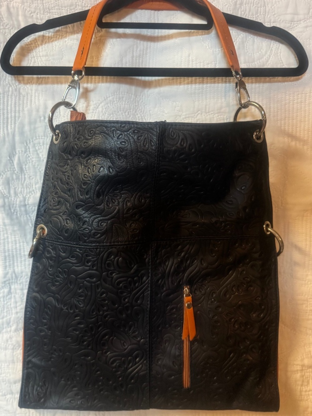 BLACK EMBOSSED LEATHER TOTE WITH ORANGE ACCENTS